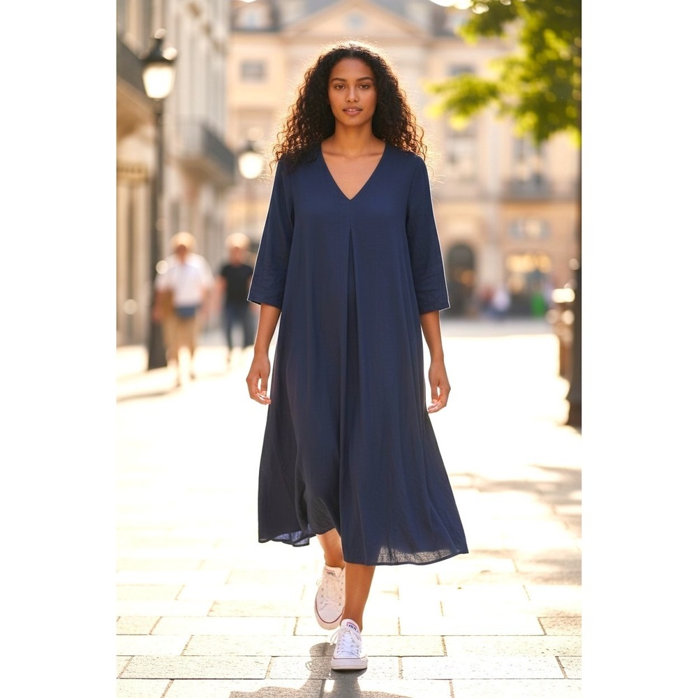 (I-256)Cuddl Duds Soft Stretch‎ Lounge Dress Blue V Neck Pockets Size M QVC